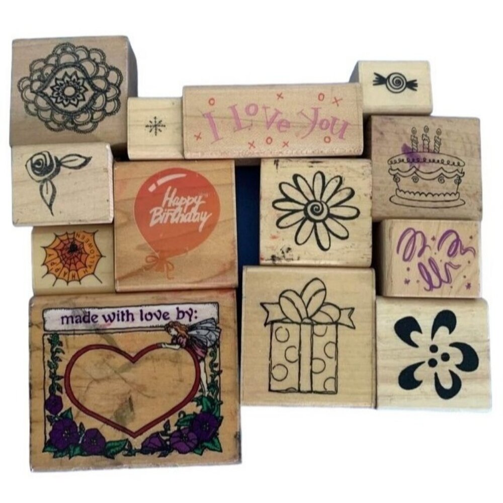 Wooden Rubber Stamps Lot Unique Craft Designs Flowers Party Gifts Handmade Fun